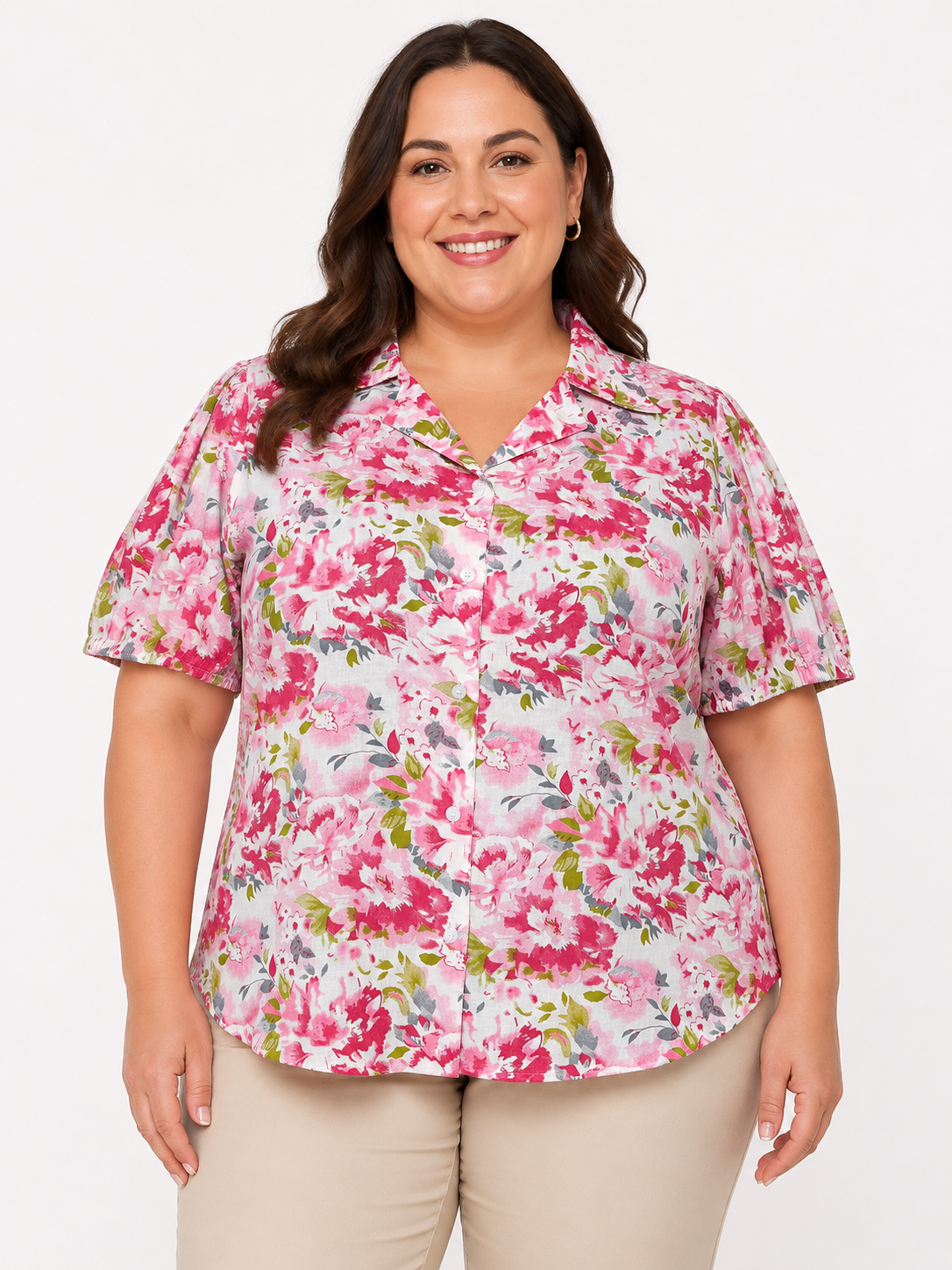 U&F Beyond Plus Size Pink Floral Printed Cotton Shirt