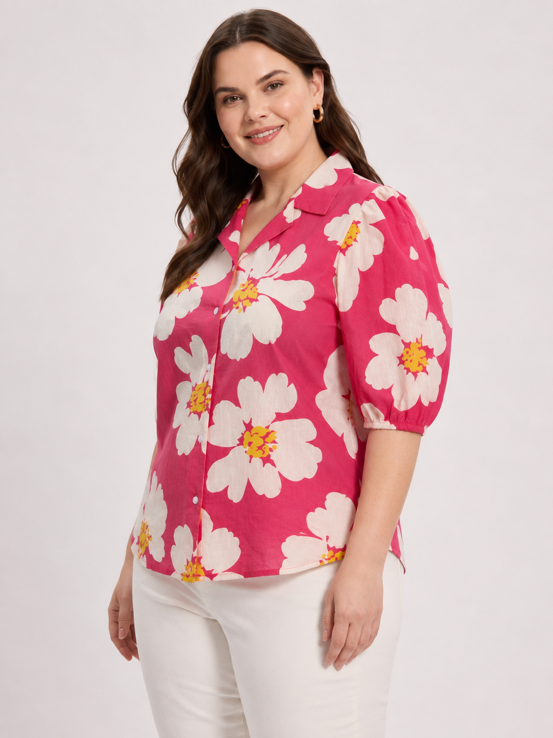 U&F Beyond Pink Floral Printed Shirt Collar Puff Sleeve Plus Size Top