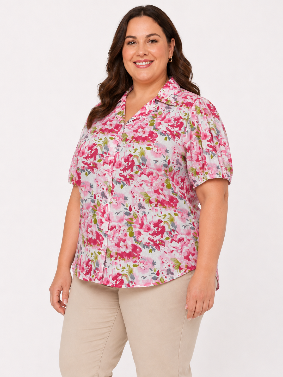 U&F Beyond Plus Size Pink Floral Printed Cotton Shirt