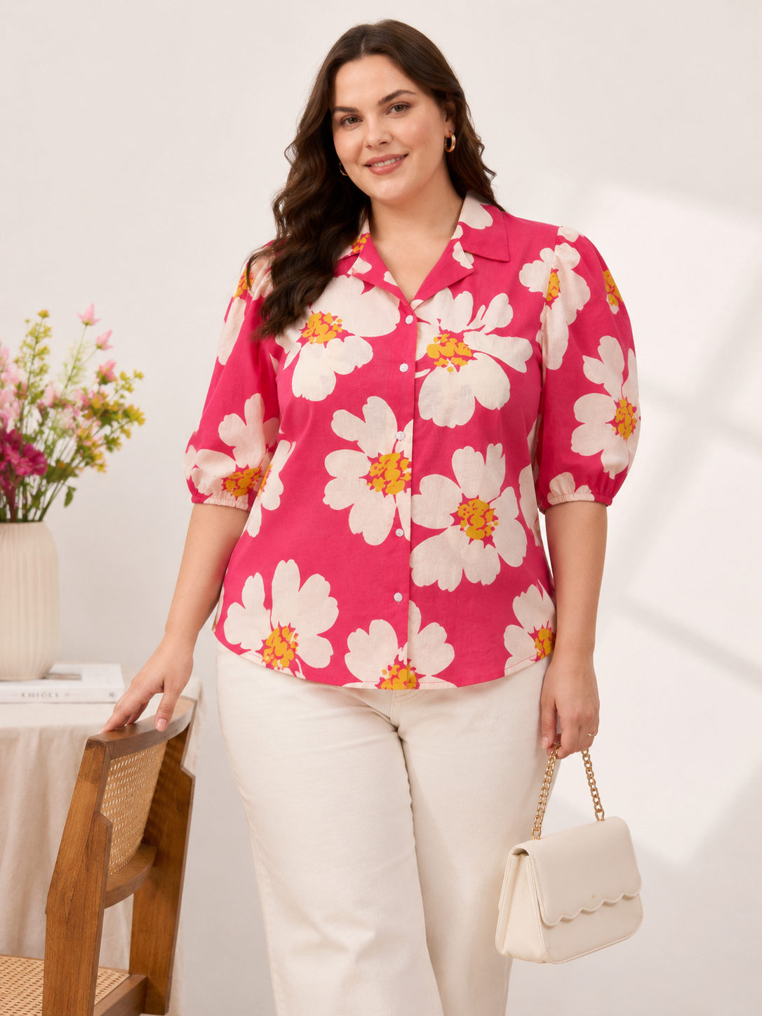 U&F Beyond Pink Floral Printed Shirt Collar Puff Sleeve Plus Size Top