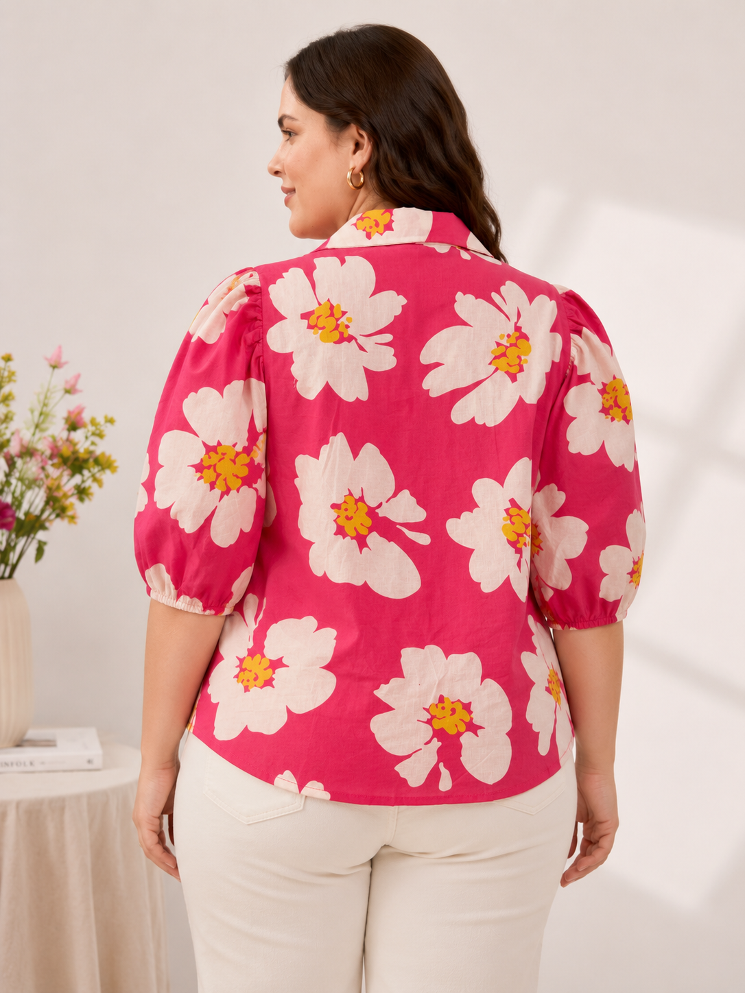 U&F Beyond Pink Floral Printed Shirt Collar Puff Sleeve Plus Size Top