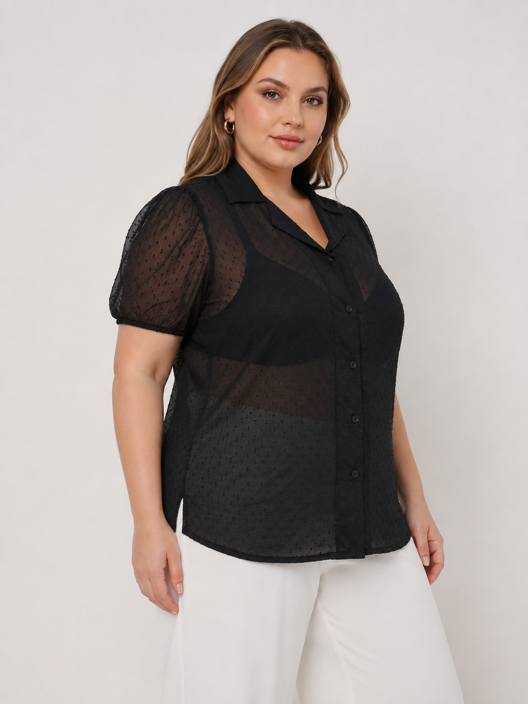 U&F Beyond Black Dobby Georgette Plus Size Shirt Style Top