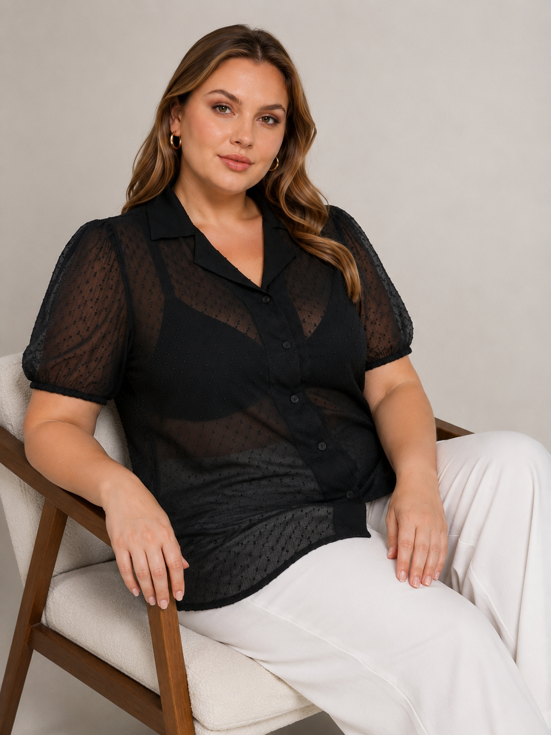 U&F Beyond Black Dobby Georgette Plus Size Shirt Style Top