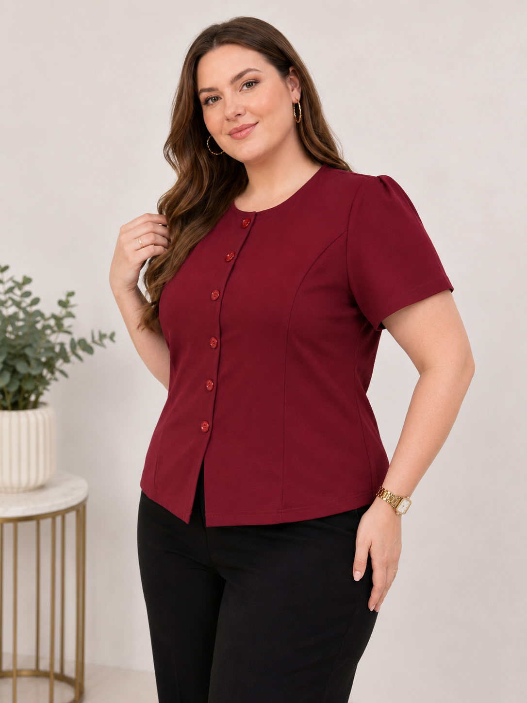U&F Beyond Plus Size Maroon Elegant Front-Button Top