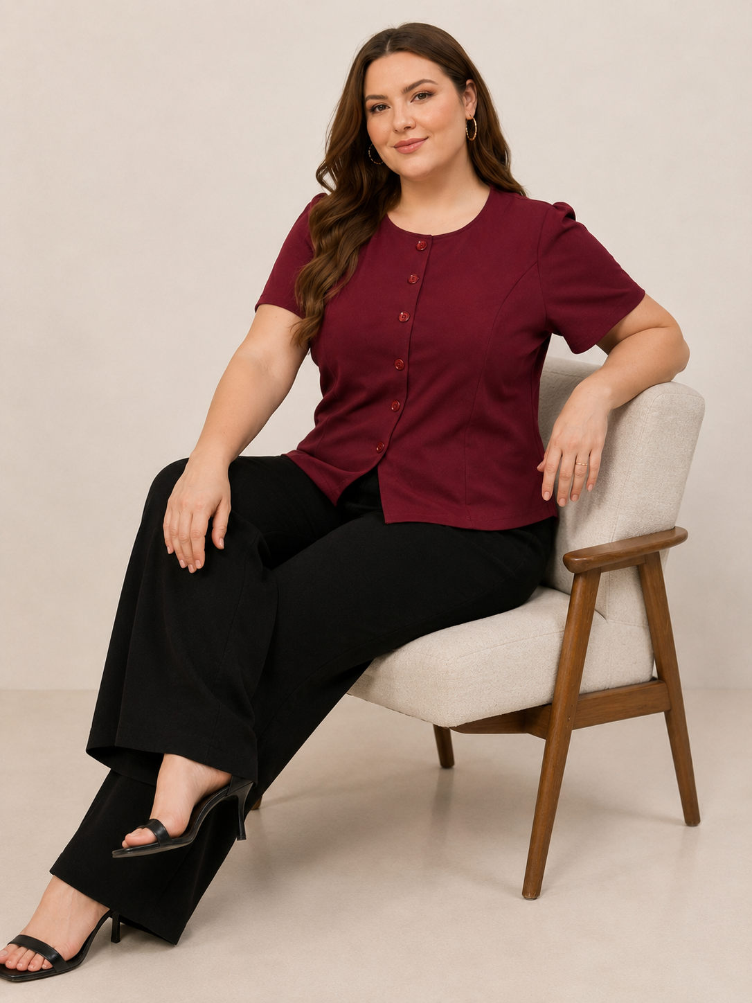 U&F Beyond Plus Size Maroon Elegant Front-Button Top