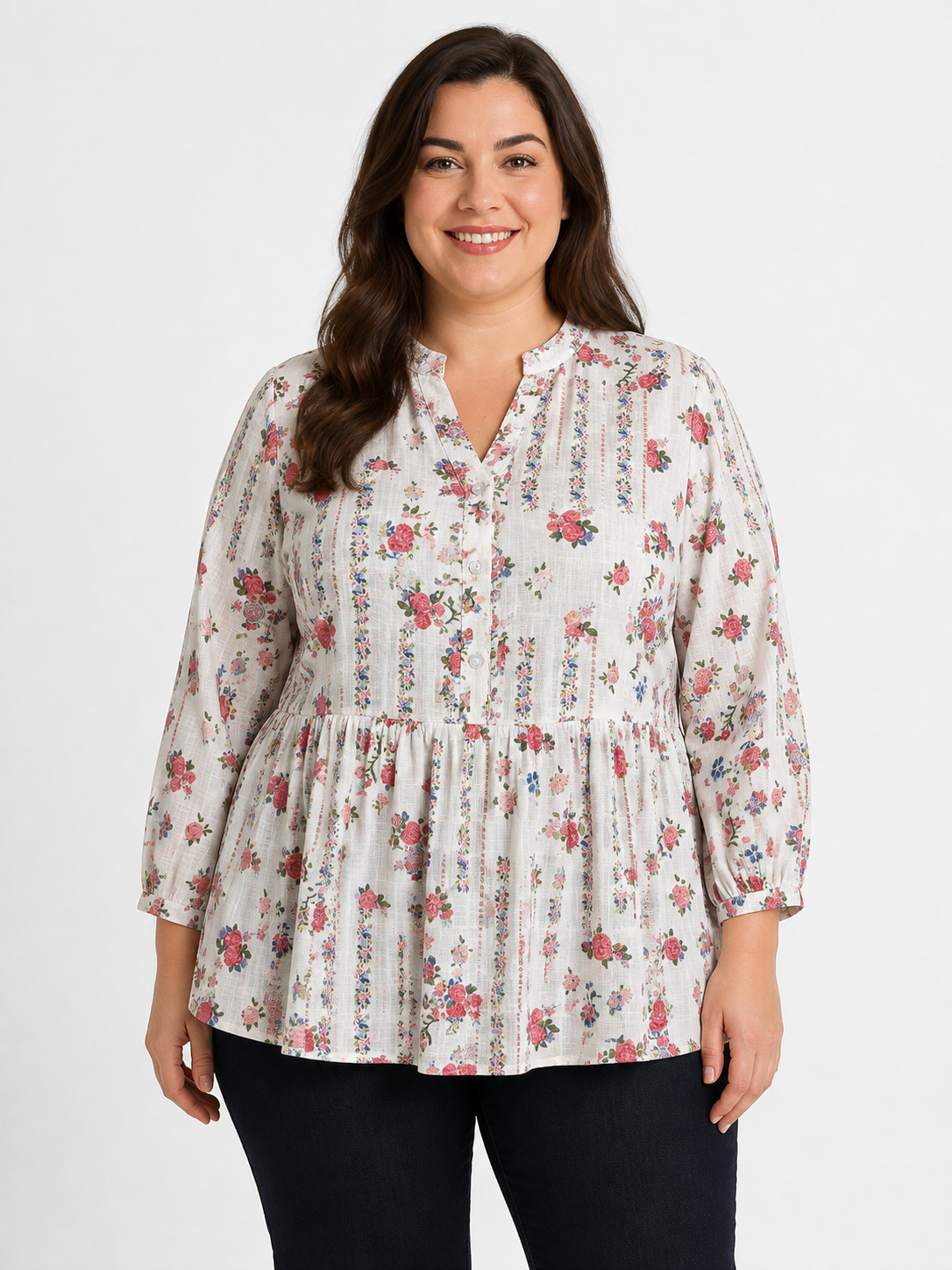 U&F Beyond Plus Cotton Size Ivory Floral Peplum Top