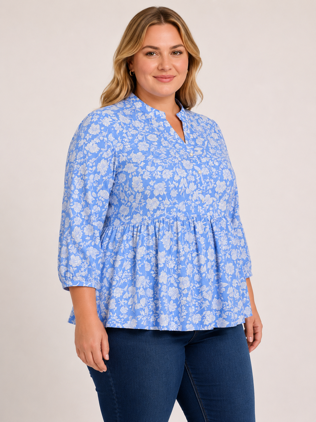 U&F Beyond Plus Size Cotton Azure Bloom Peplum Top