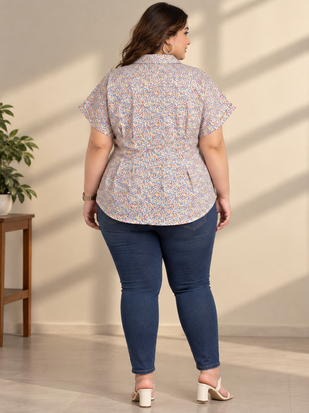 U&F Beyond Plus Size Multicolour Floral Printed Peplum Cotton Shirt
