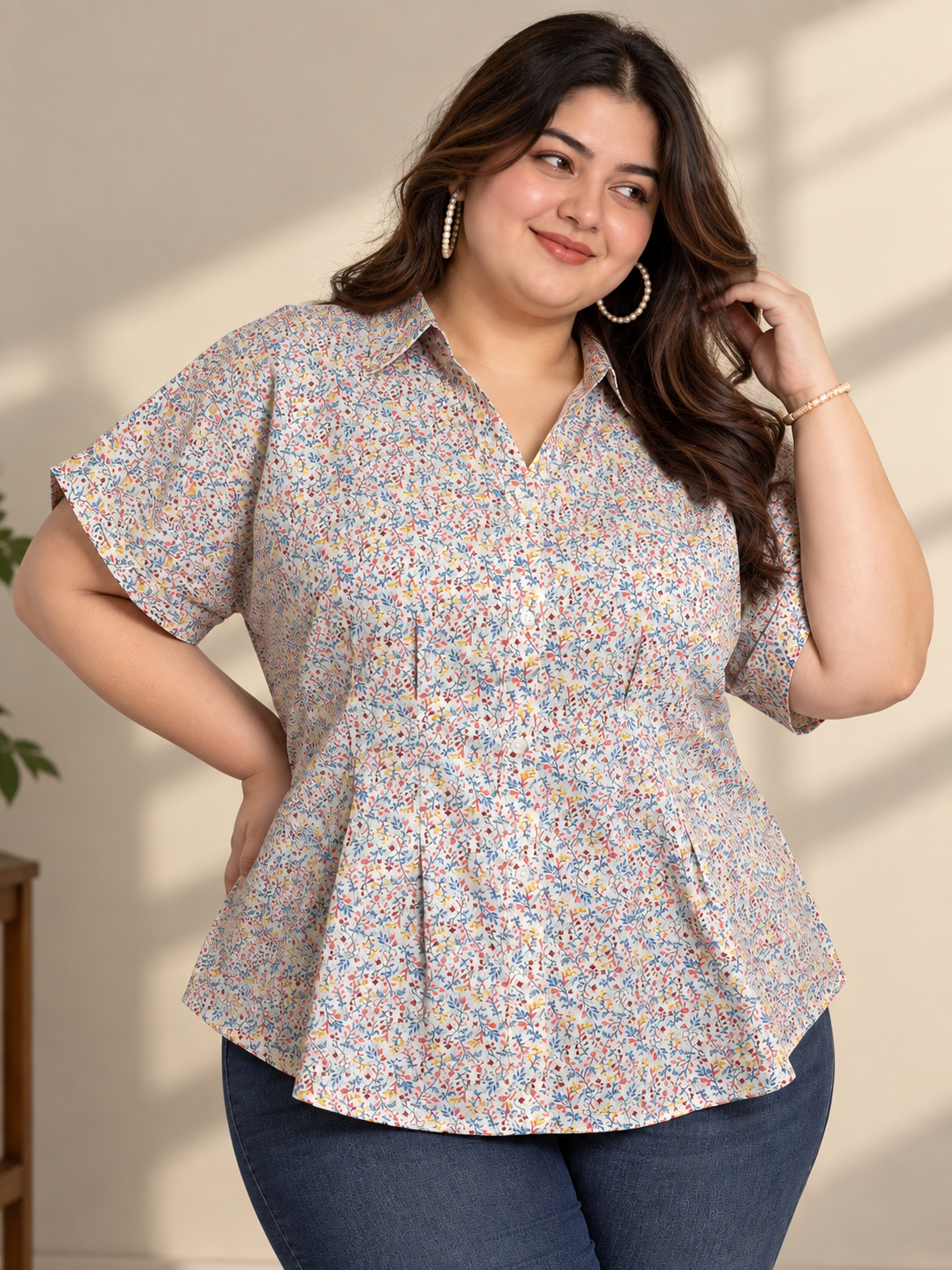 U&F Beyond Plus Size Multicolour Floral Printed Peplum Cotton Shirt
