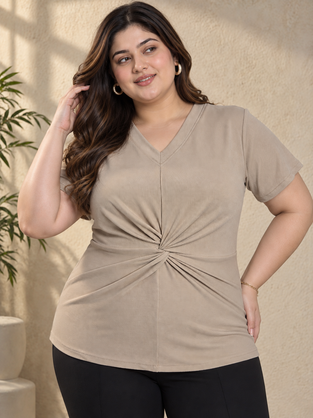 U&F Beyond Women Plus Size Beige Solid Twist-Front Top