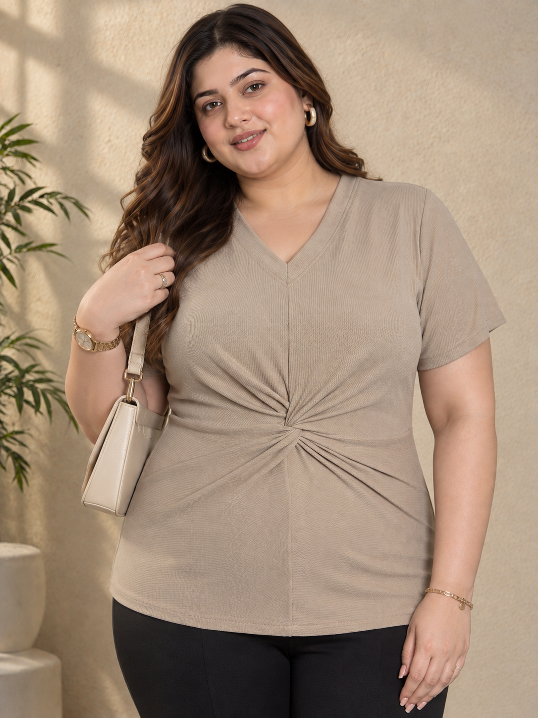 U&F Beyond Women Plus Size Beige Solid Twist-Front Top