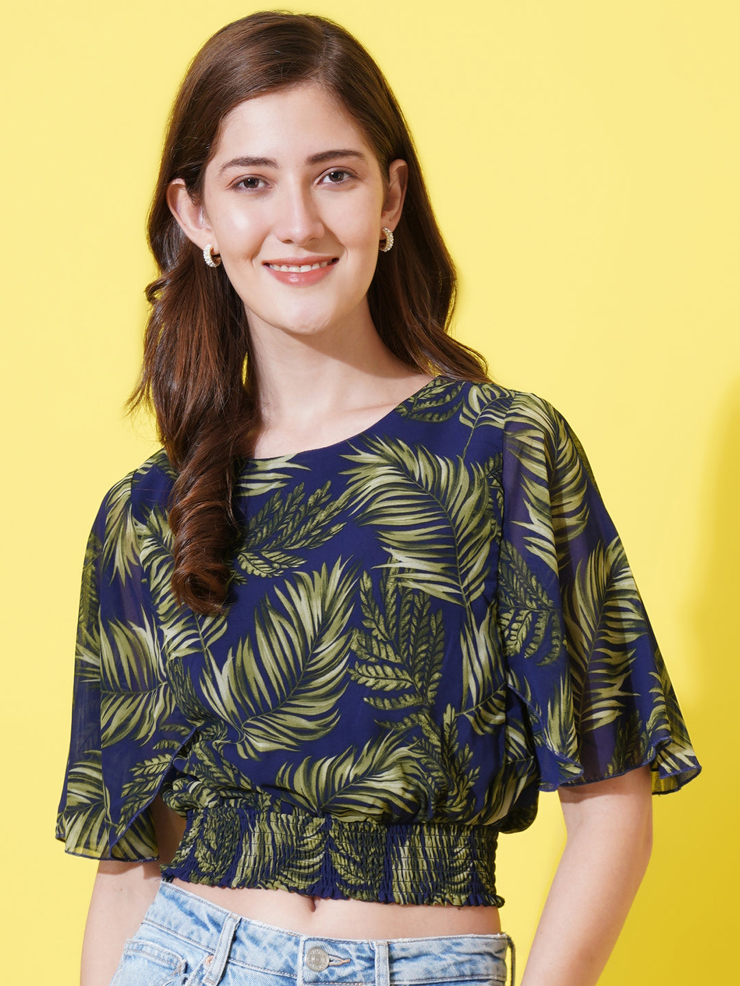 Women Tropical Printed Round Neck Crop Top