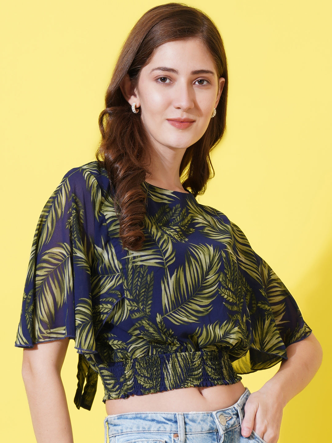 Women Tropical Printed Round Neck Crop Top