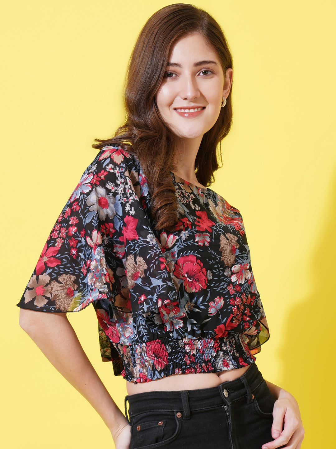 Women Floral Printed Round Neck Blouson Crop Top