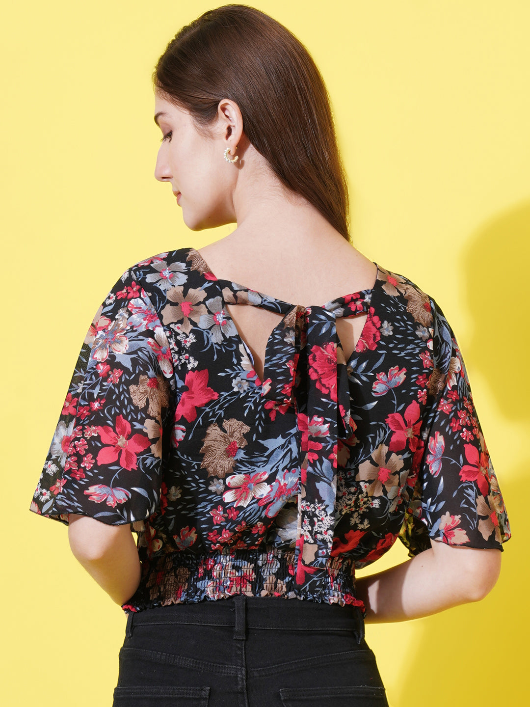 Women Floral Printed Round Neck Blouson Crop Top