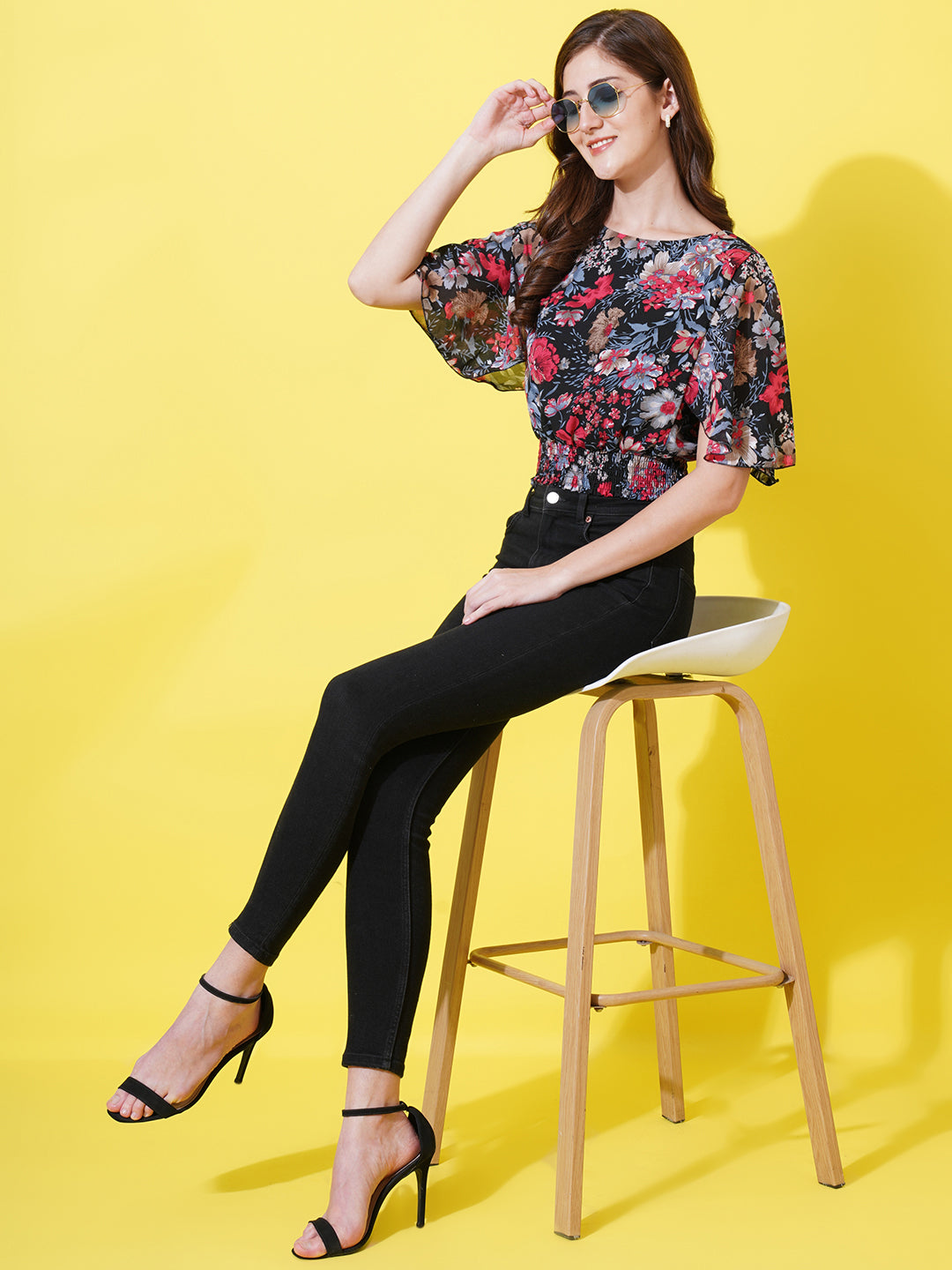 Women Floral Printed Round Neck Blouson Crop Top