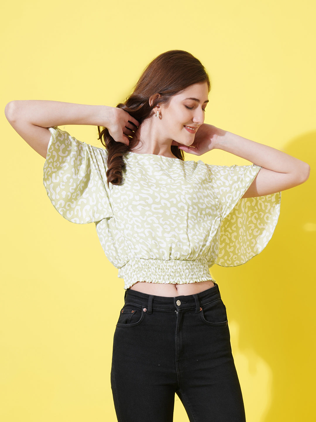 Women Abstract Printed Flutter Sleeves Blouson Top