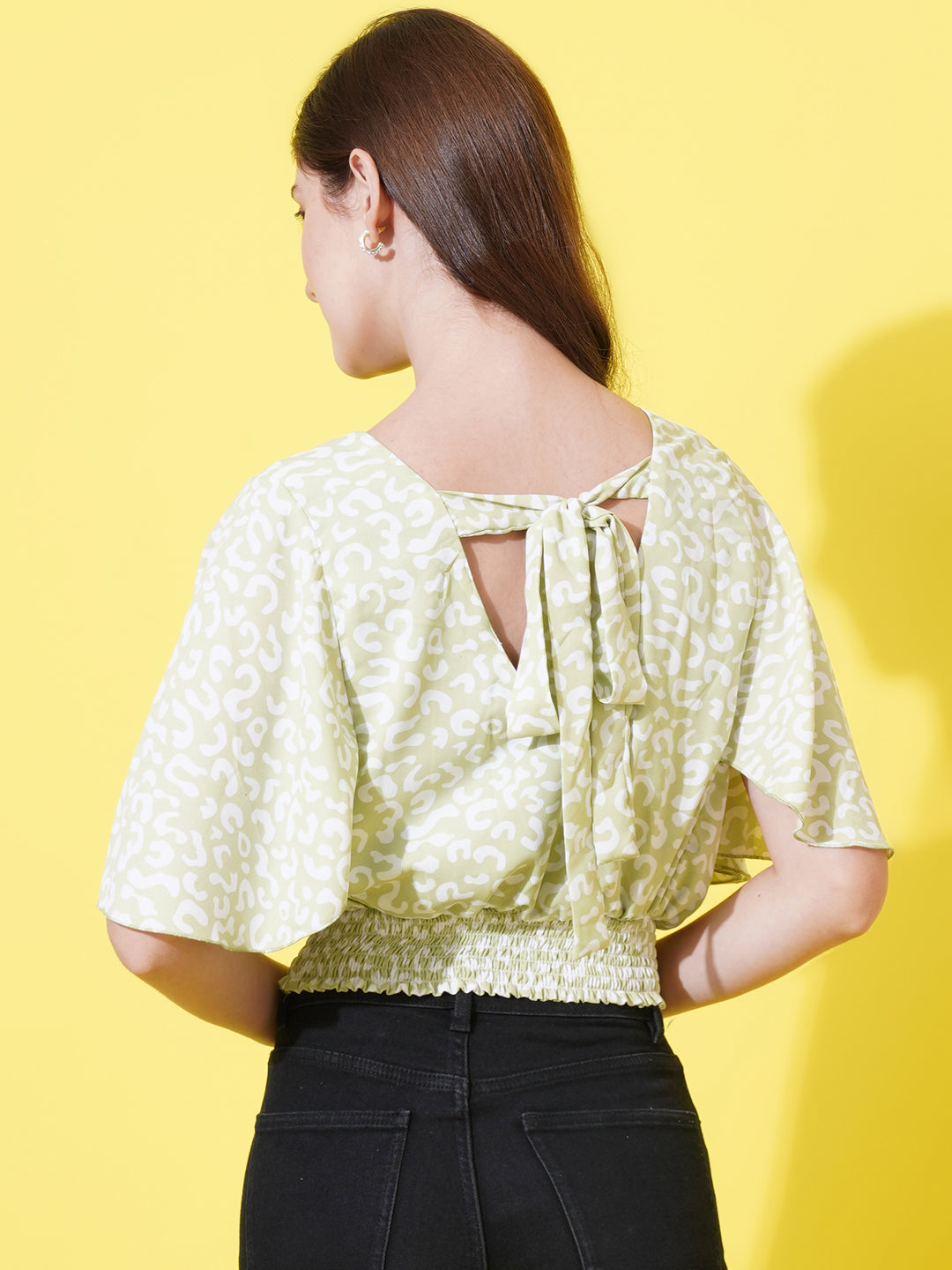 Women Abstract Printed Flutter Sleeves Blouson Top