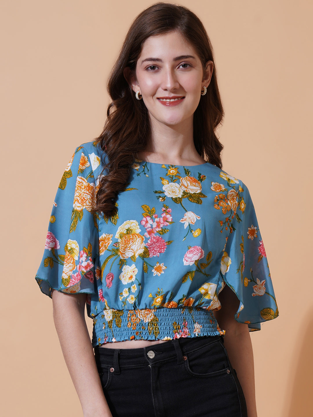 Women Floral Printed Flared Sleeve Tie-Ups Smocked Crepe Blouson Crop Top