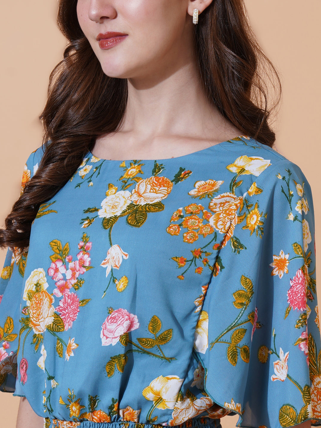 Women Floral Printed Flared Sleeve Tie-Ups Smocked Crepe Blouson Crop Top