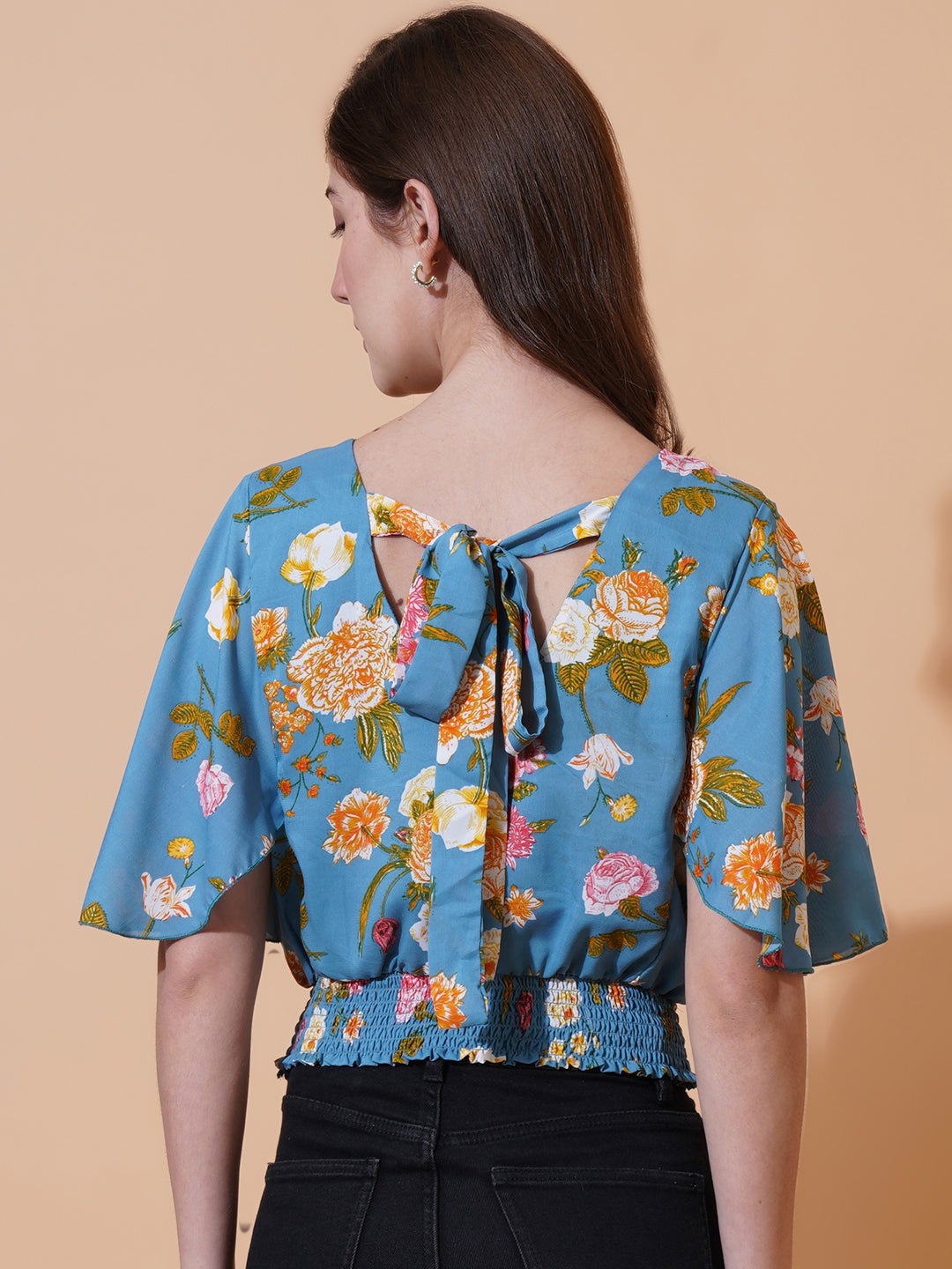 Women Floral Printed Flared Sleeve Tie-Ups Smocked Crepe Blouson Crop Top