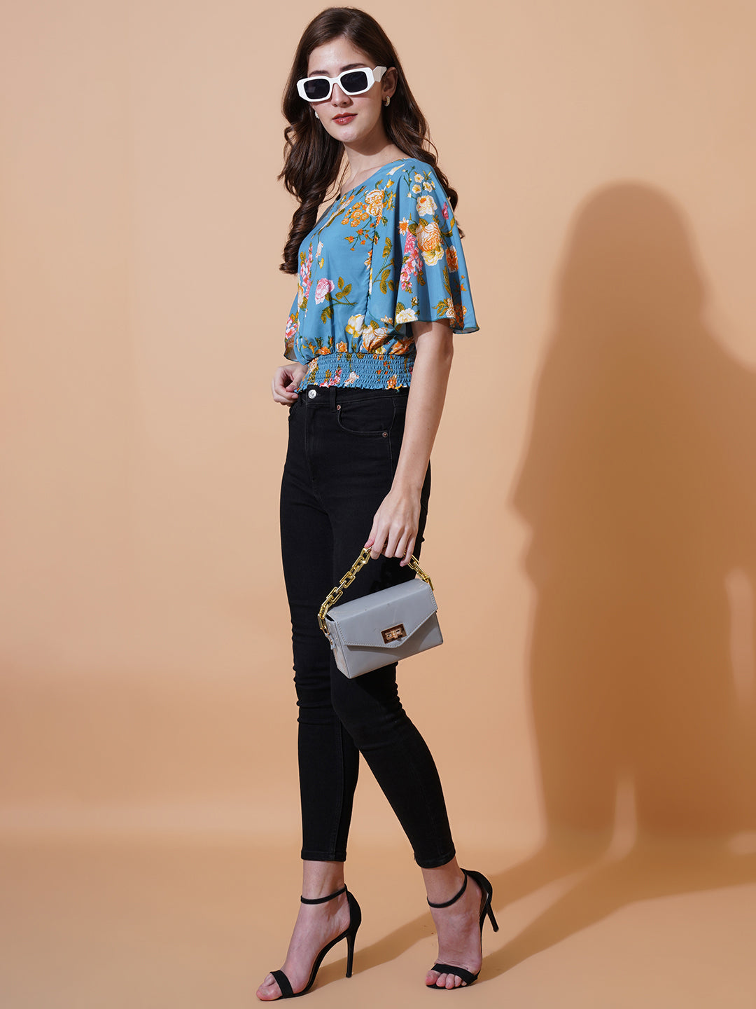 Women Floral Printed Flared Sleeve Tie-Ups Smocked Crepe Blouson Crop Top