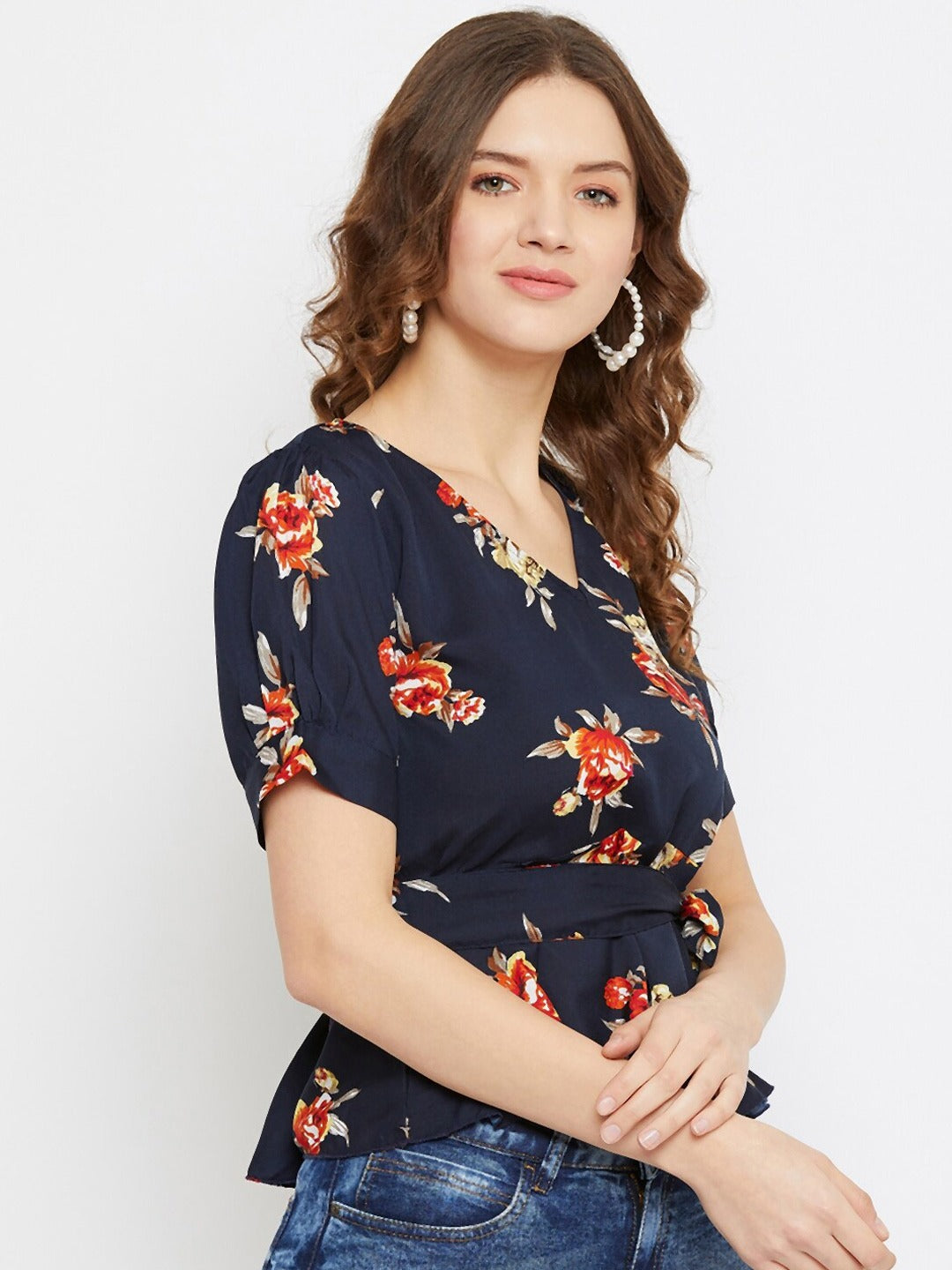 Women Navy Blue Floral Printed Crepe Peplum Top