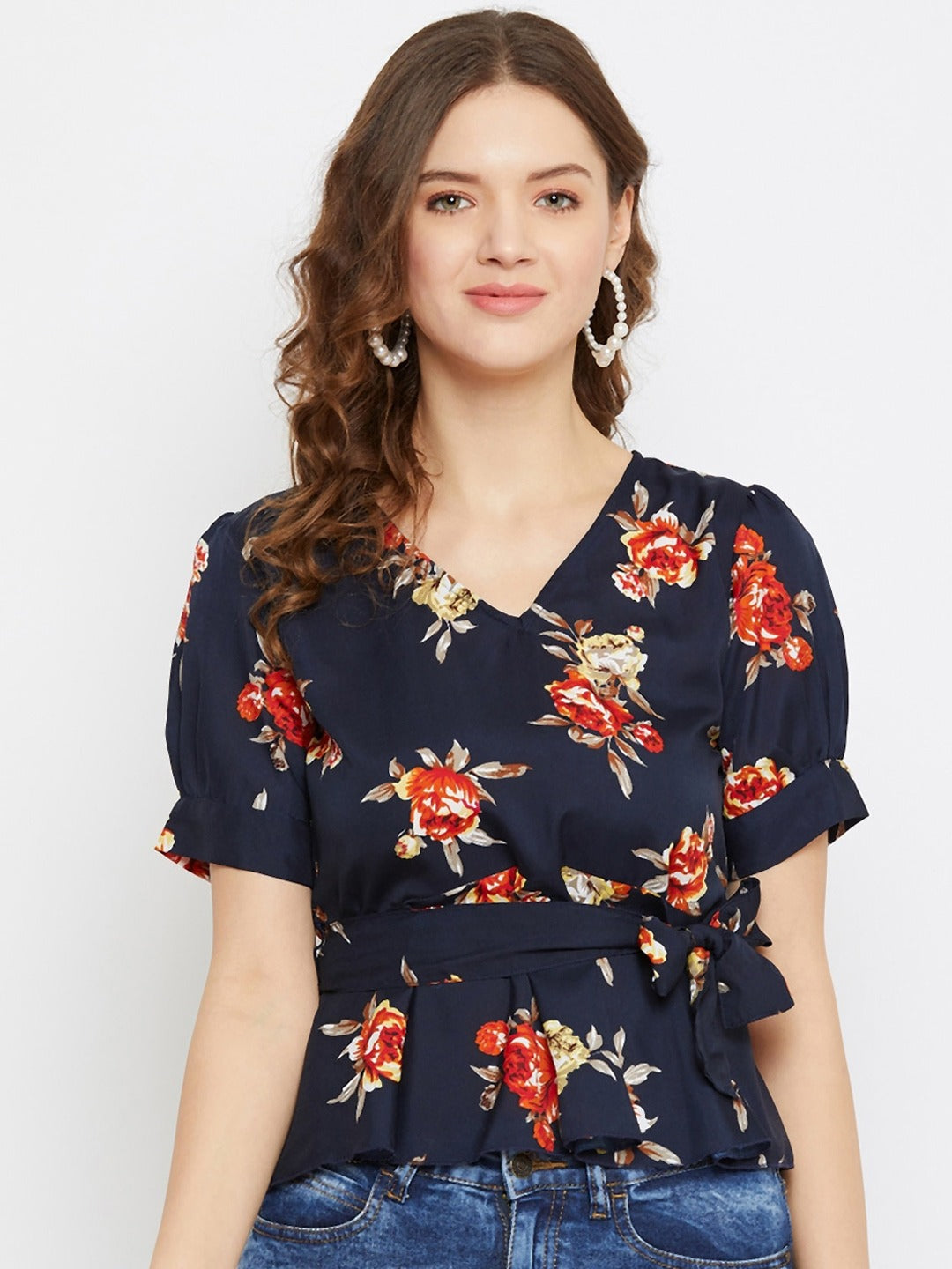 Women Navy Blue Floral Printed Crepe Peplum Top