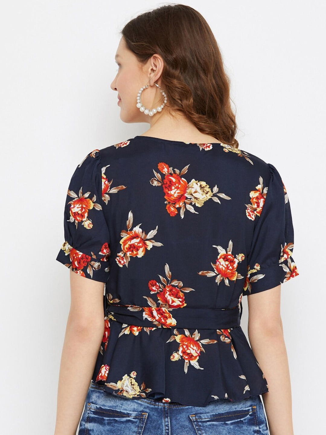 Women Navy Blue Floral Printed Crepe Peplum Top
