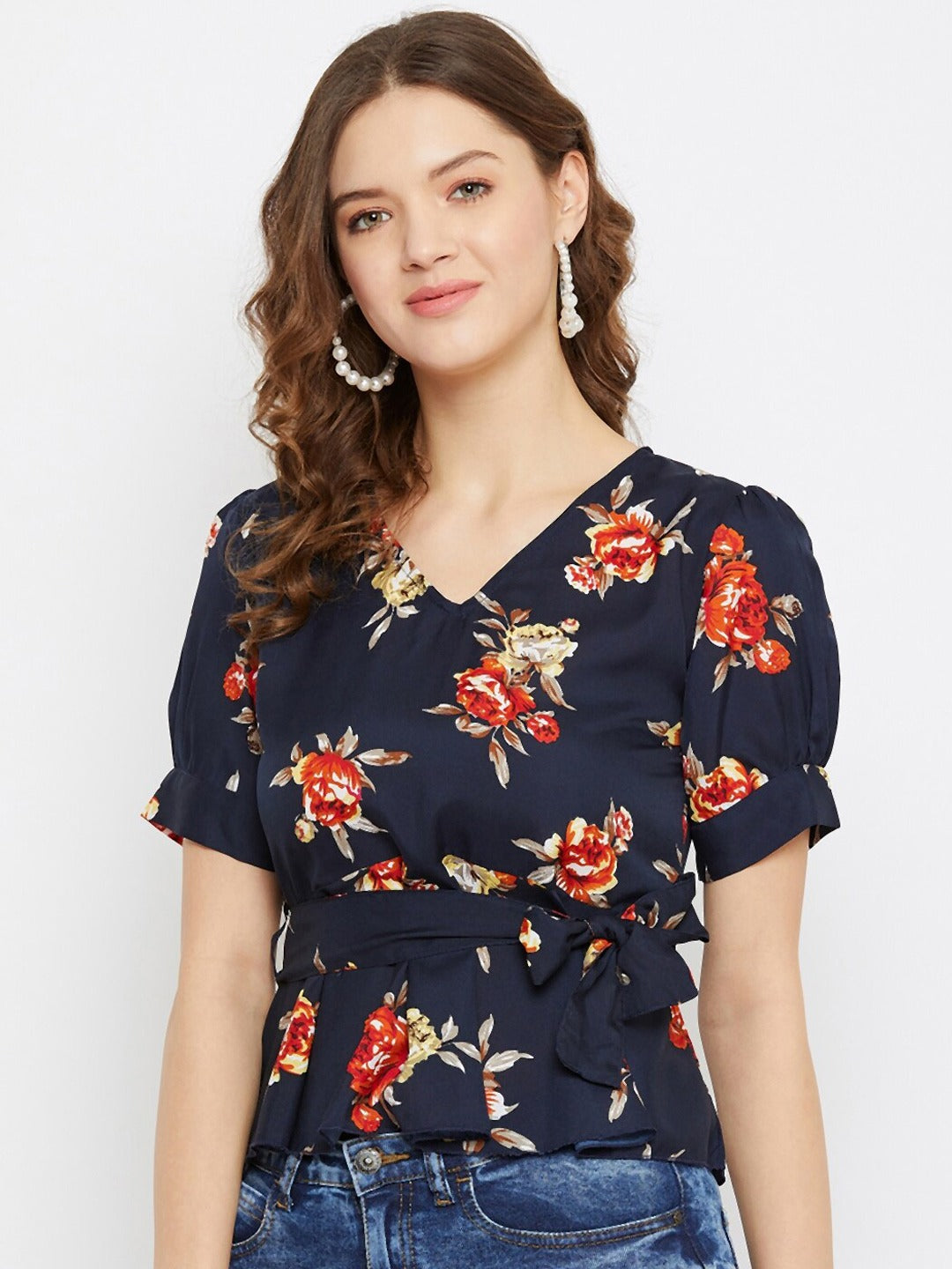 Women Navy Blue Floral Printed Crepe Peplum Top