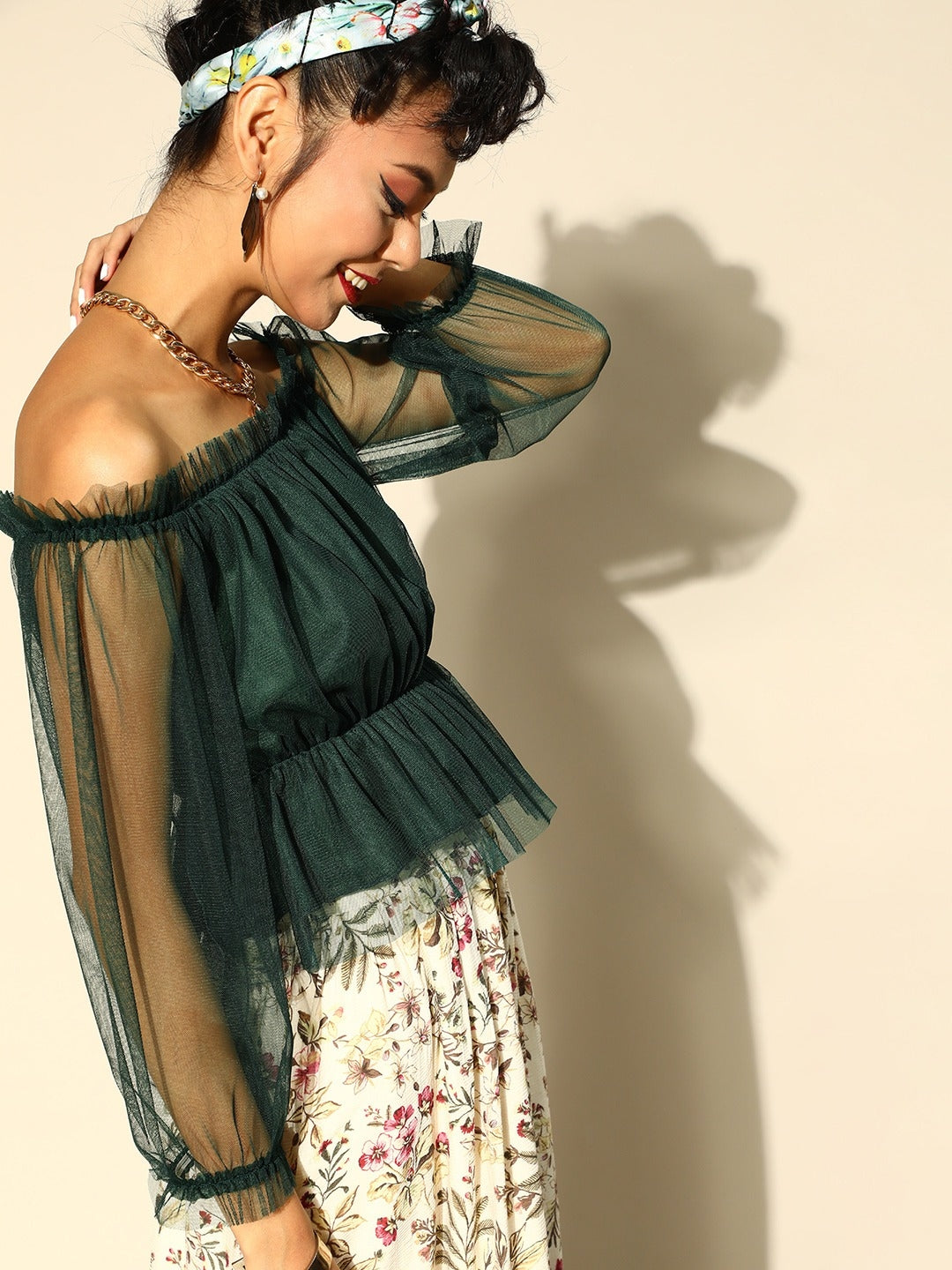 Women Gorgeous Green Solid Bardot Top