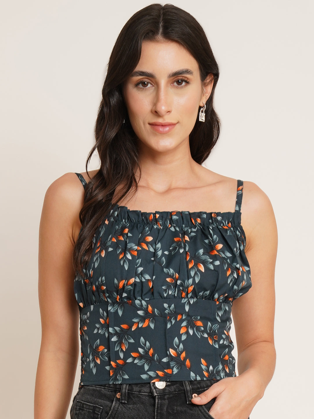 Women Green Floral Print Shoulder Straps Crepe Top
