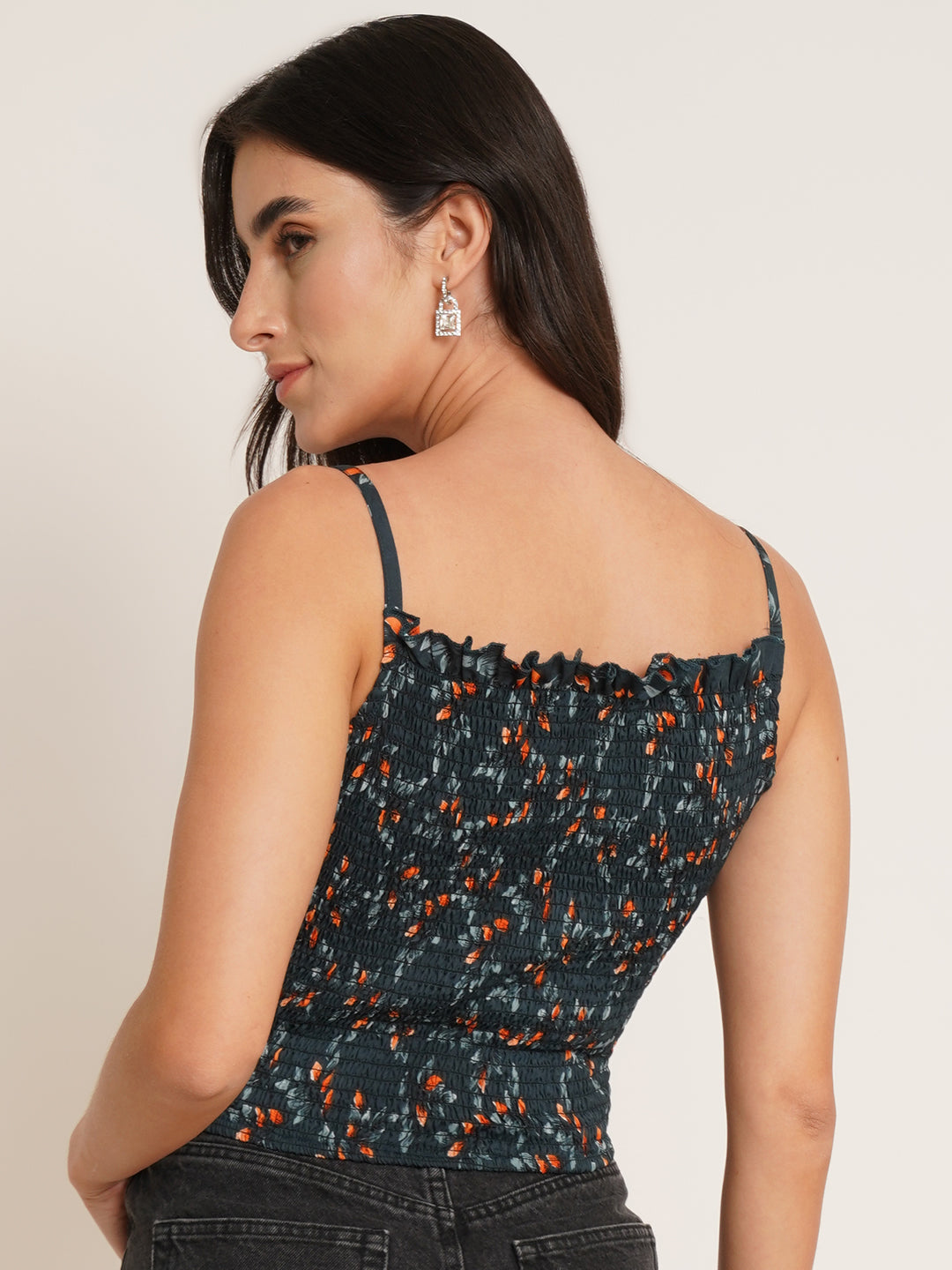 Women Green Floral Print Shoulder Straps Crepe Top