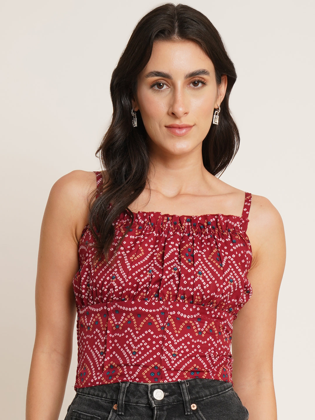 Women Maroon & White Bandhani Printed Crepe Top