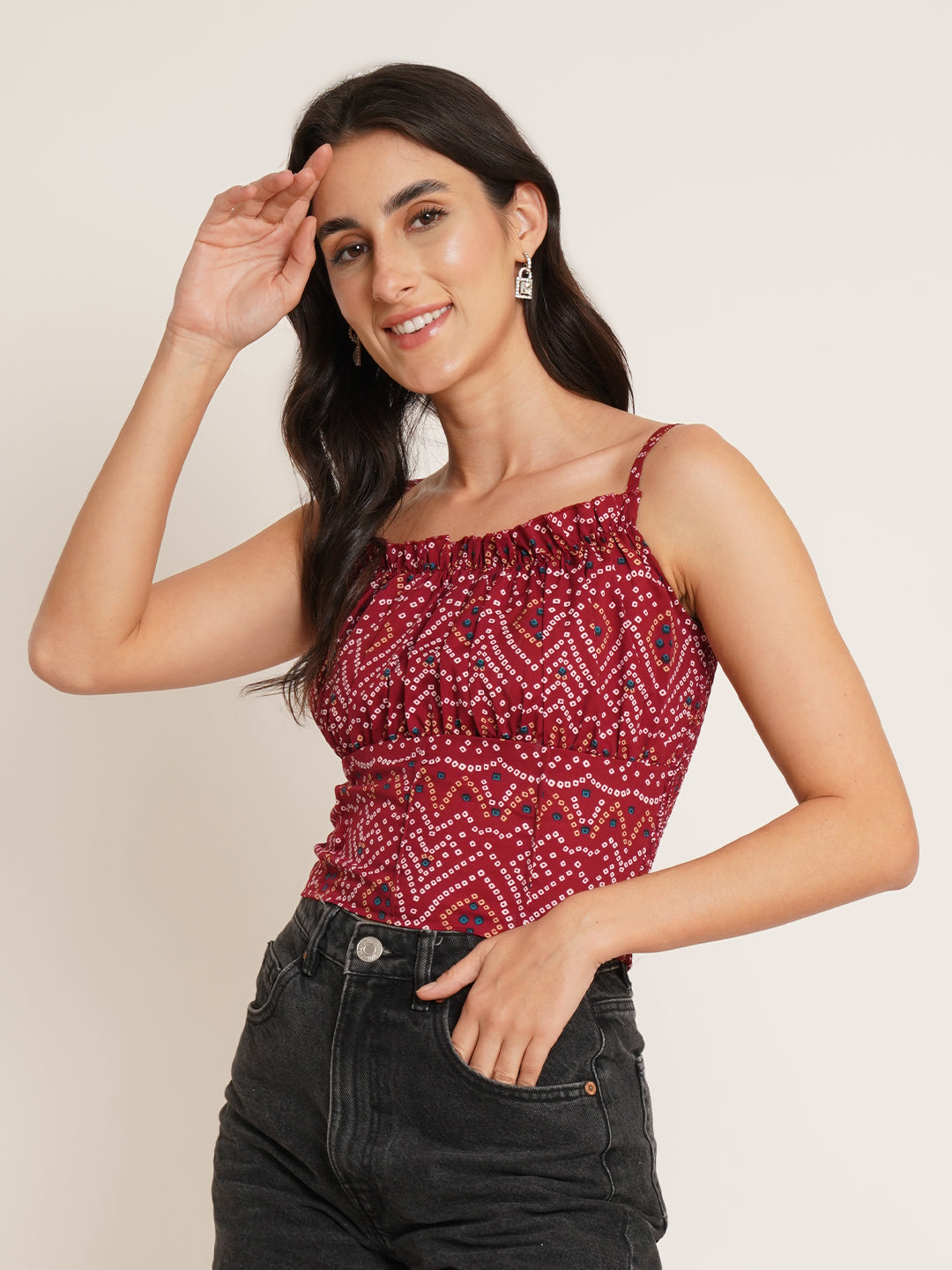 Women Maroon & White Bandhani Printed Crepe Top