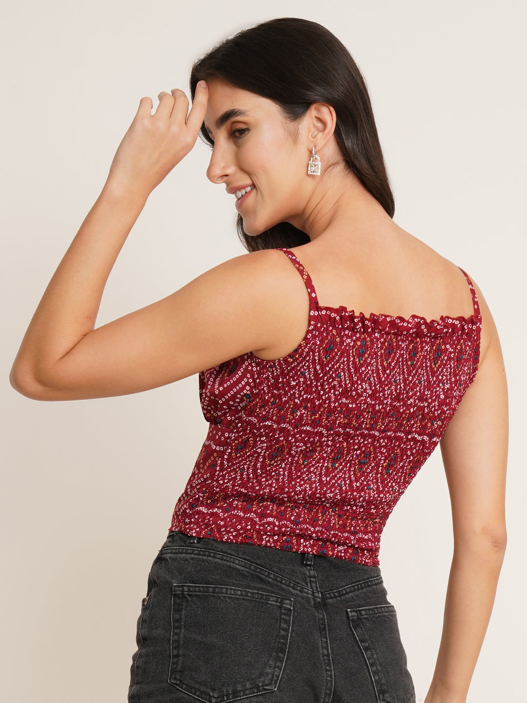Women Maroon & White Bandhani Printed Crepe Top