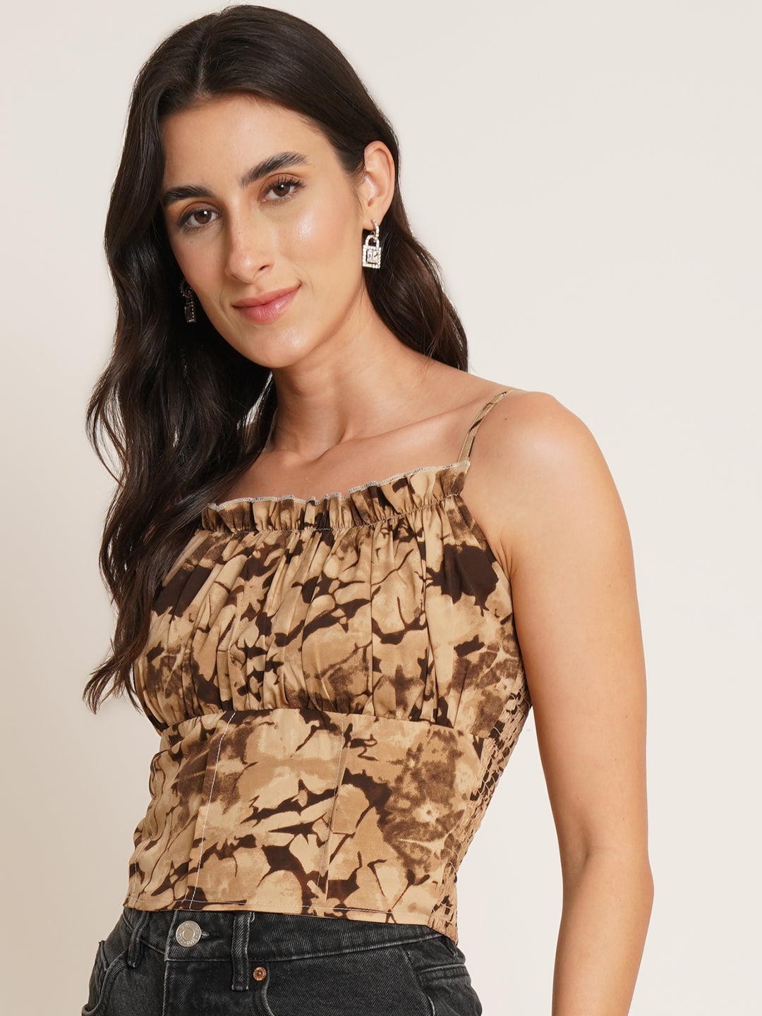Women Brown Floral Print Crepe Crop Top