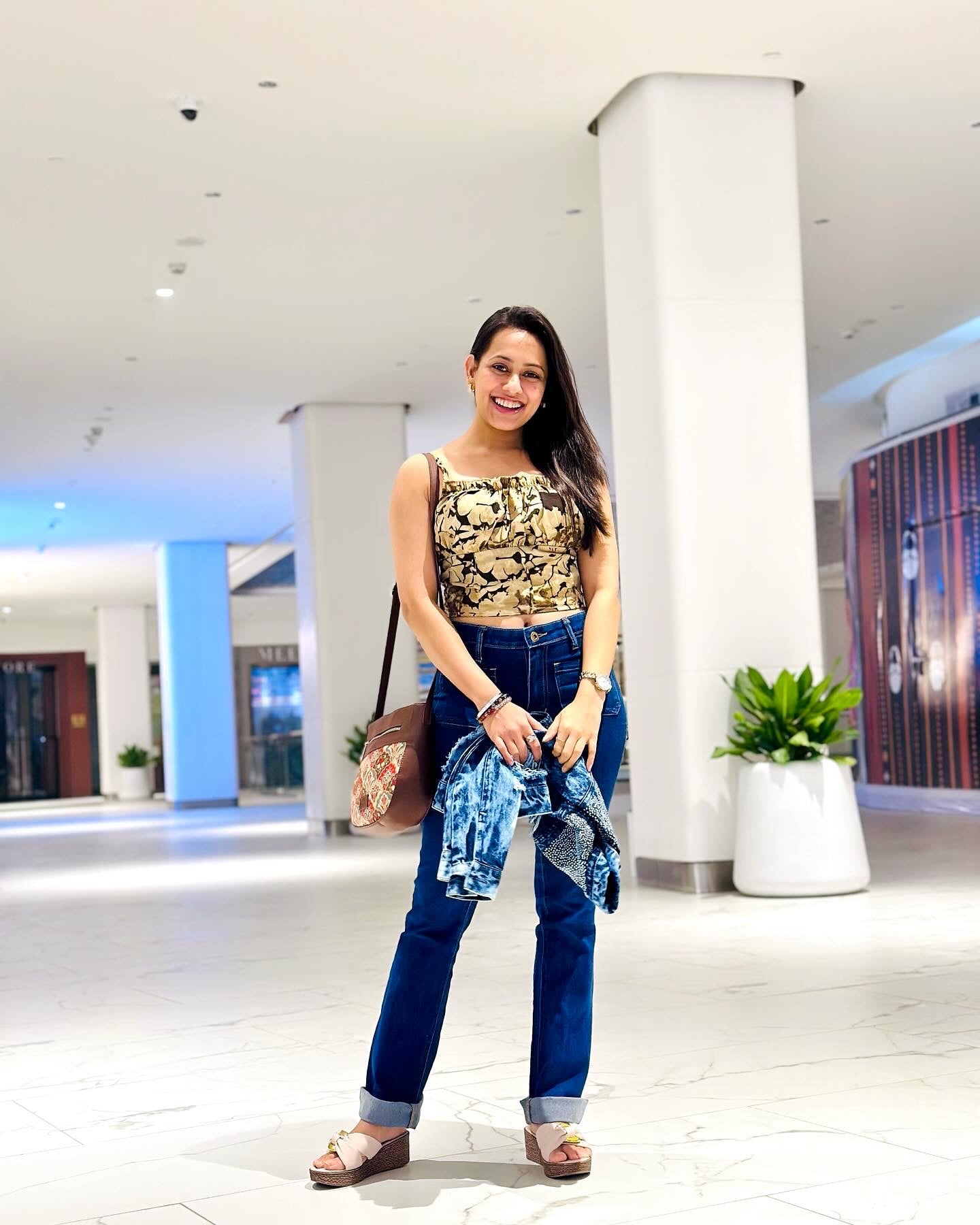 Women Brown Floral Print Crepe Crop Top