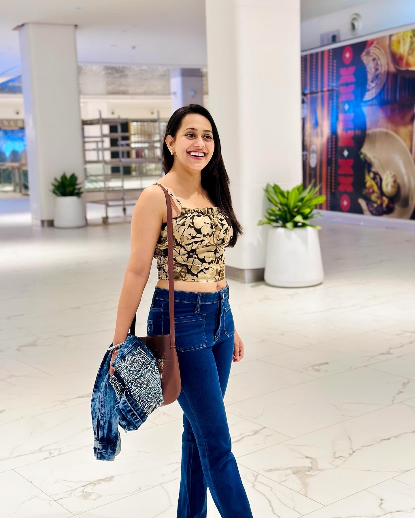 Women Brown Floral Print Crepe Crop Top