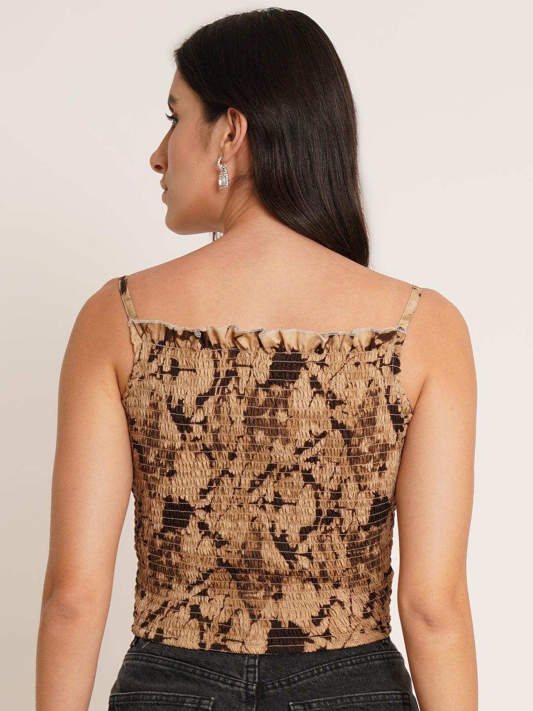 Women Brown Floral Print Crepe Crop Top