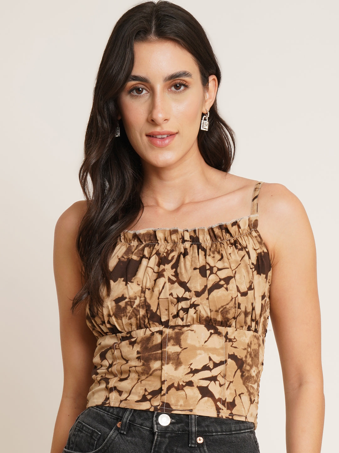Women Brown Floral Print Crepe Crop Top