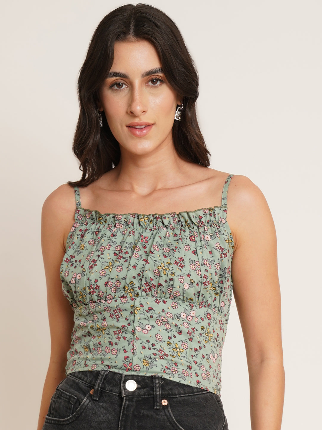 Women Green Floral Print Shoulder Straps Crepe Top