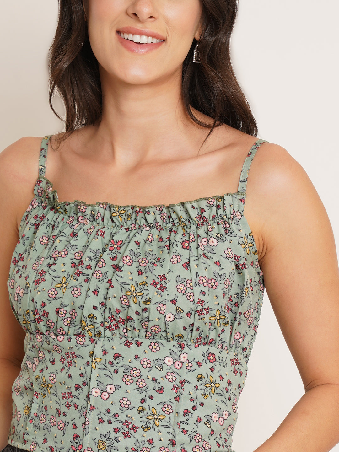 Women Green Floral Print Shoulder Straps Crepe Top