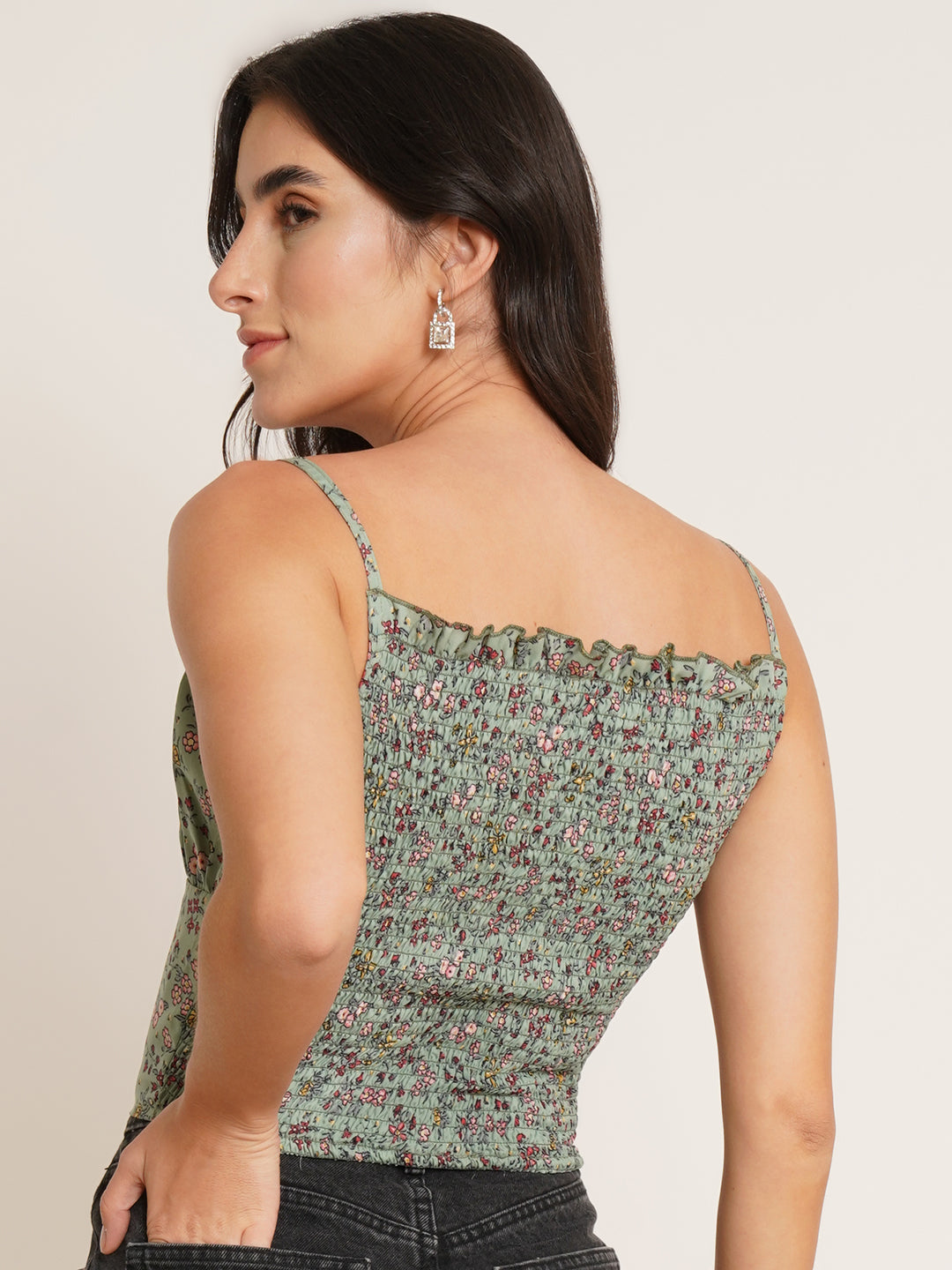 Women Green Floral Print Shoulder Straps Crepe Top