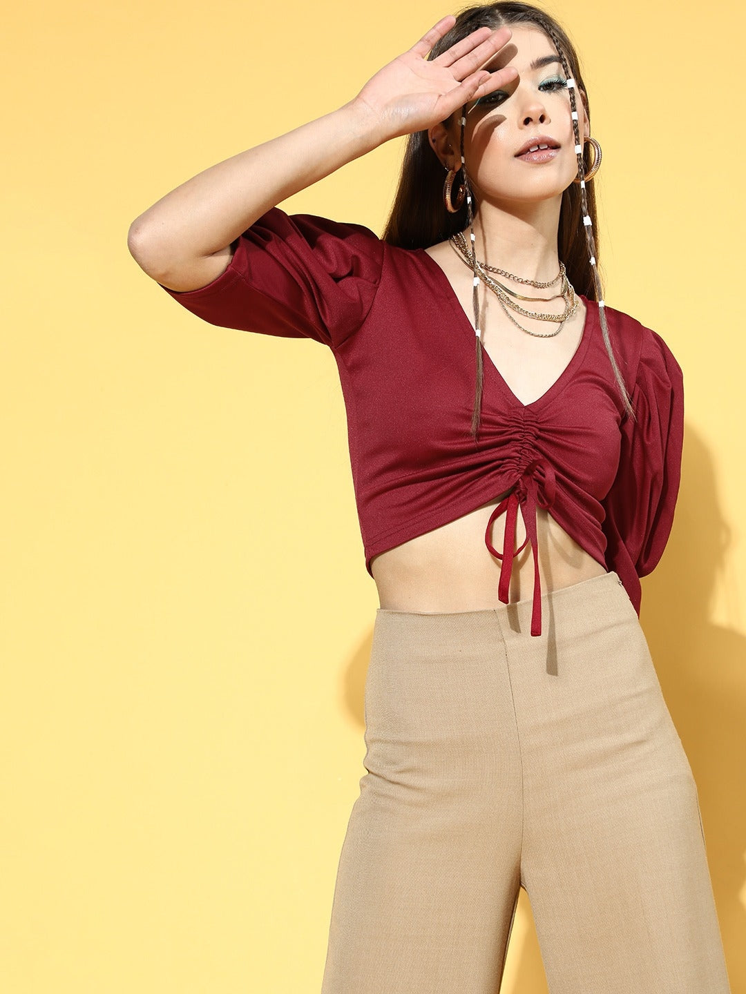 Women Charming Maroon Solid Volume Play Top