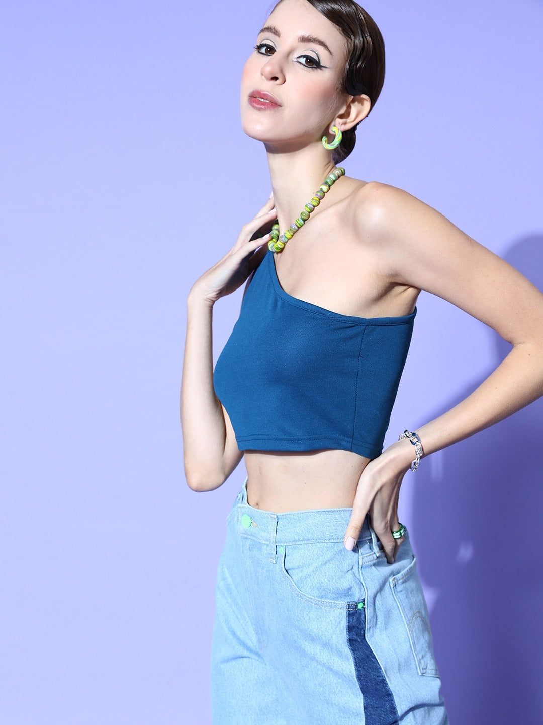 Women Stunning Blue Solid Asymmetry Top