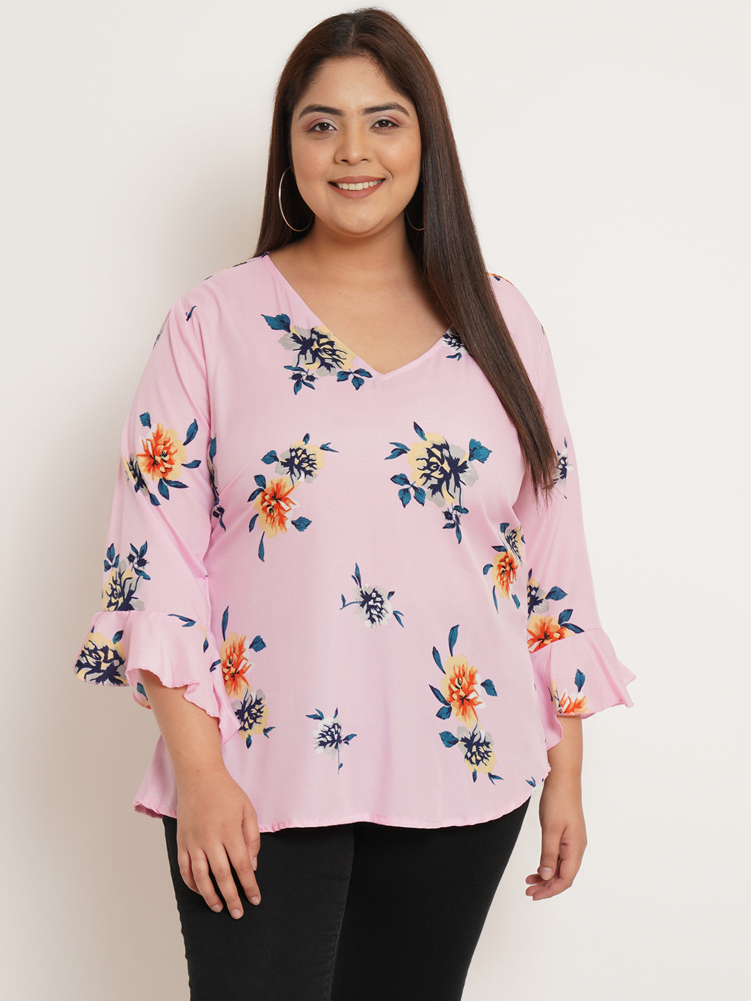 Women Plus Size Floral Printed V-Neck Crepe Top