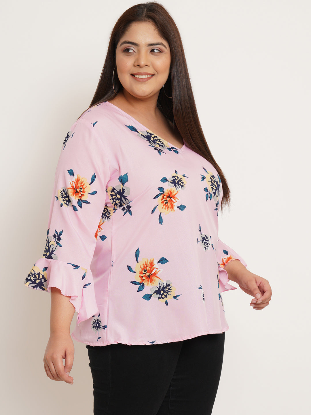 Women Plus Size Floral Printed V-Neck Crepe Top