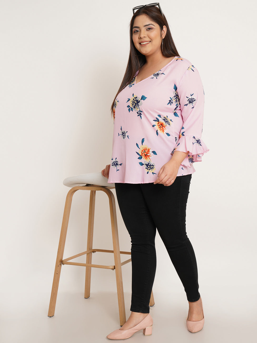 Women Plus Size Floral Printed V-Neck Crepe Top