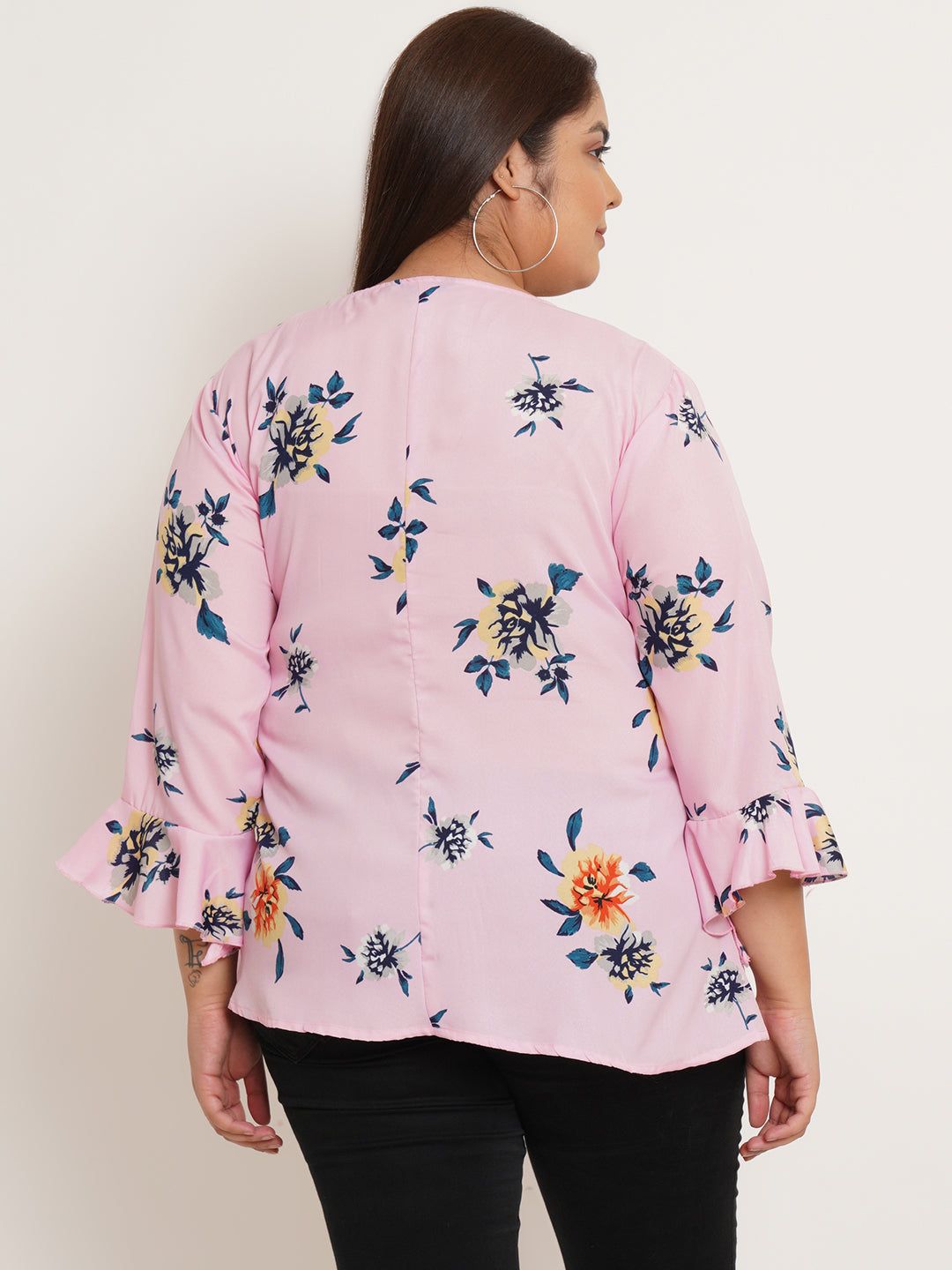 Women Plus Size Floral Printed V-Neck Crepe Top